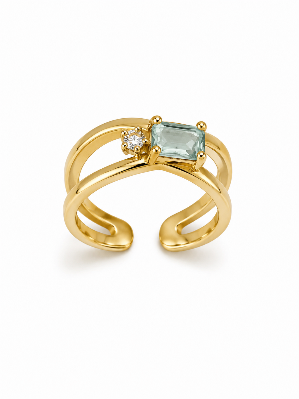 Anillo doble con zirconia y piedra rectangular — brillo que se duplica