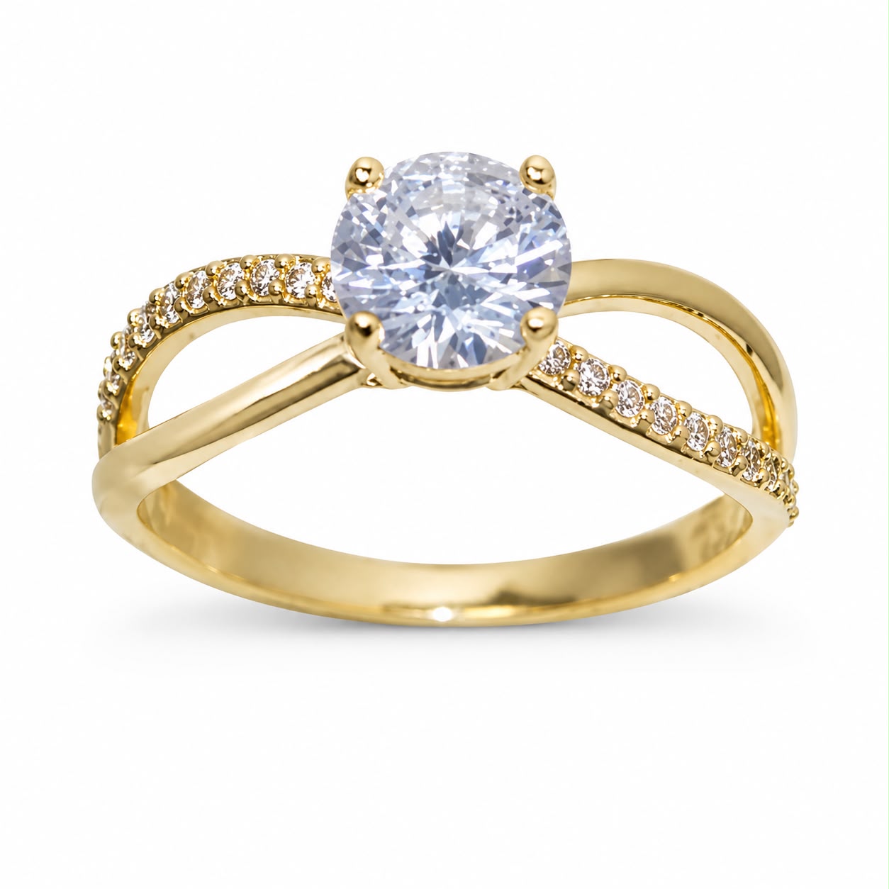 Anillo Dorado Cruzado con Cristal Central