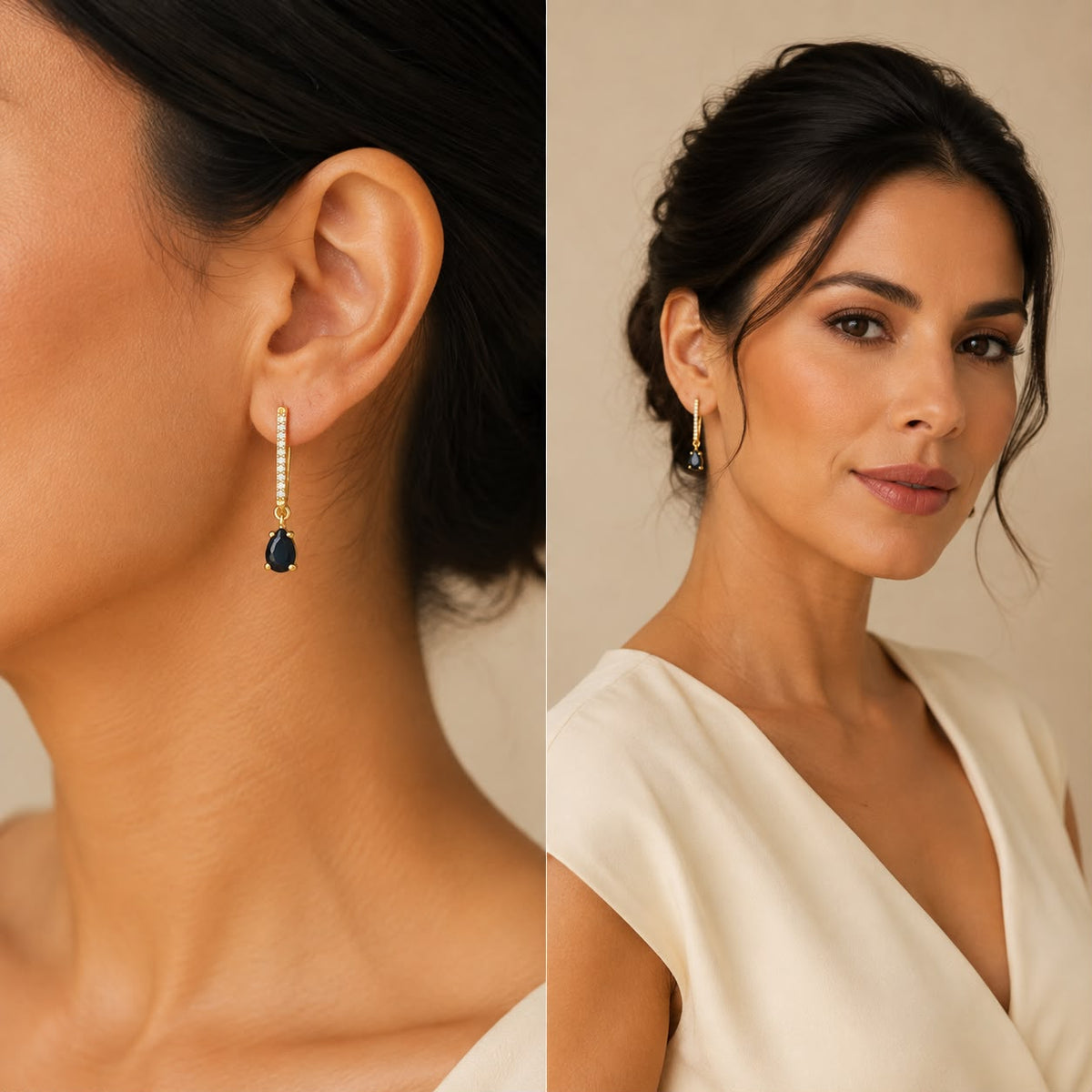 Aros Dorados Colgantes con Gota Negra