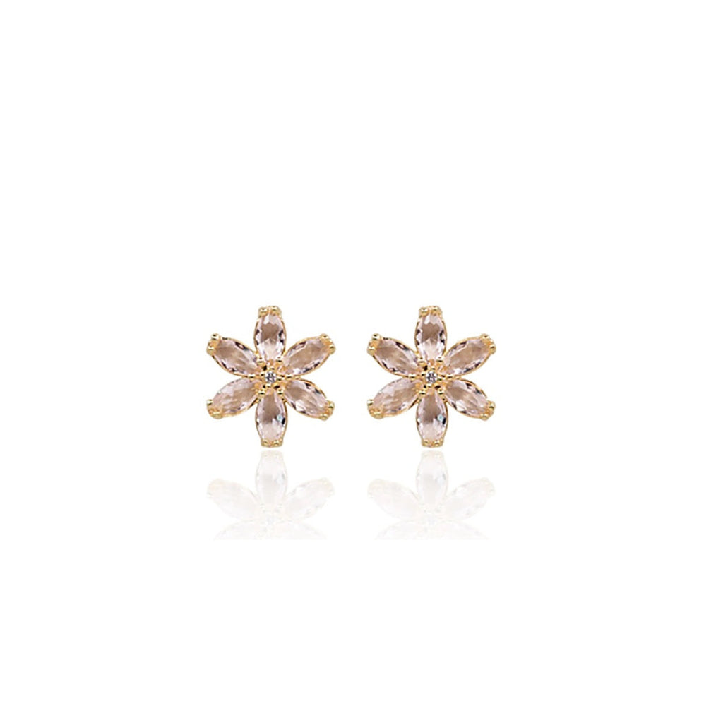 BB3355OU — fotografía original Bruna mejorada de aros flor dorada con seis cristales rosa pálido