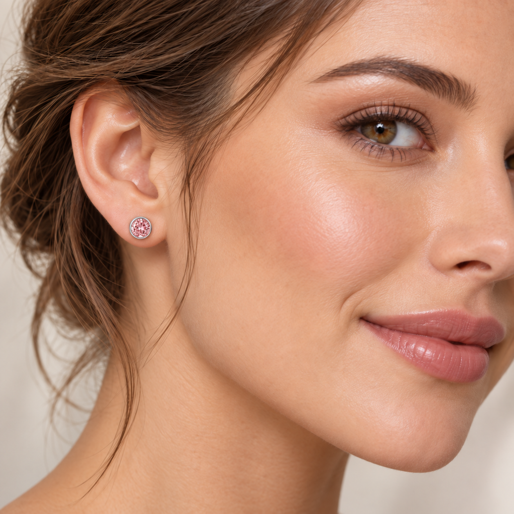 Modelo usando Aros Punto de Luz con Cristal Swarovski rosa y acabado color rodio